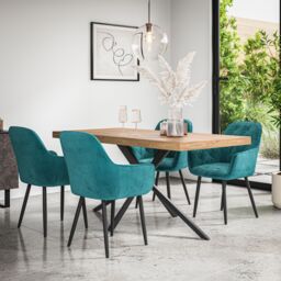 More4Homes Donni Dining Table & Chairs - Oak Effect Table Top w Black Legs + Anika Velvet Dining Chair Set Of 4 in Blue - thumbnail 1