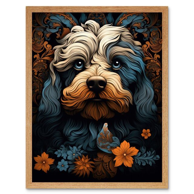 "Artery8 Wall Art Print Cockapoo Dog with Flower Patterns Art Nouveau Artwork Orange Blue Floral Portrait Design Art Framed - Size: W12"" x H16""" - image 1
