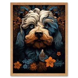 "Artery8 Wall Art Print Cockapoo Dog with Flower Patterns Art Nouveau Artwork Orange Blue Floral Portrait Design Art Framed - Size: W12"" x H16""" - thumbnail 1