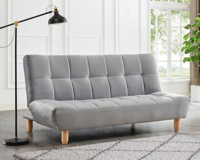 Home Detail Macy Velvet Sofa Bed With Tufted Detail & Wooden Legs in Light Grey - image 1