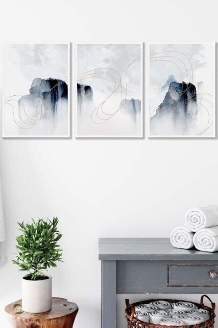 Set of 3 White Framed Abstract Minimal Navy and White Cliffs Wall Art - image 1