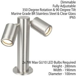 Loops IP65 Twin Outdoor Lamp Post Bollard Light Adjustable GU10 Marine Grade Steel in Metallics - thumbnail 2