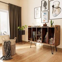 Huhote 3 Tier Vinyl Record Player Stand Storage Cabinet End Side Table in Brown - thumbnail 6