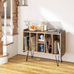 Huhote 3 Tier Vinyl Record Player Stand Storage Cabinet End Side Table in Brown - thumbnail 2