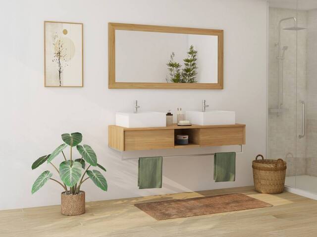 Vente-unique Suspended Teak Bathroom Vanity Unit With Towel Rail & Double Square in Light Oak - image 1