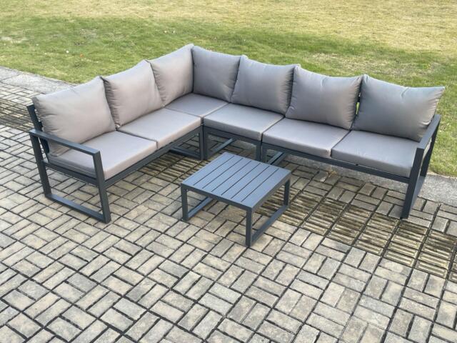 Aluminium Garden Furniture Set Outdoor Lounge Corner Sofa Square Coffee Table Sets Dark Grey 6 Seater - image 1