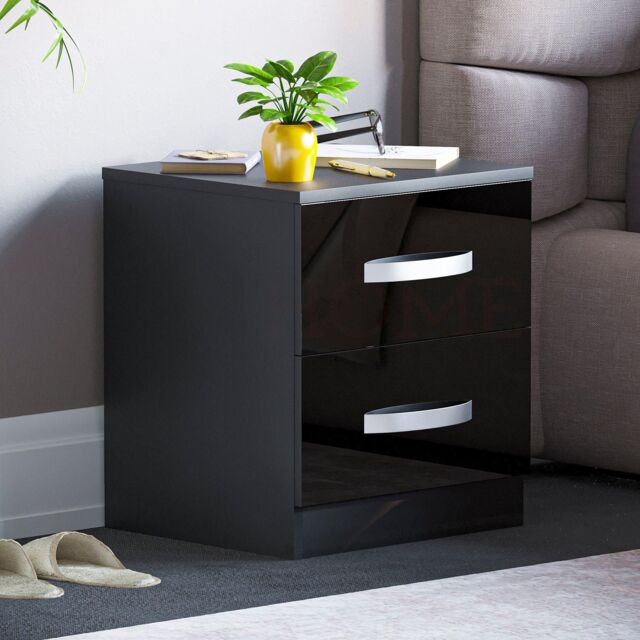 Home Discount Vida Designs Hulio 2 GLOSS DRAWERS Bedside Cabinet Bedroom Furniture in Black - image 1