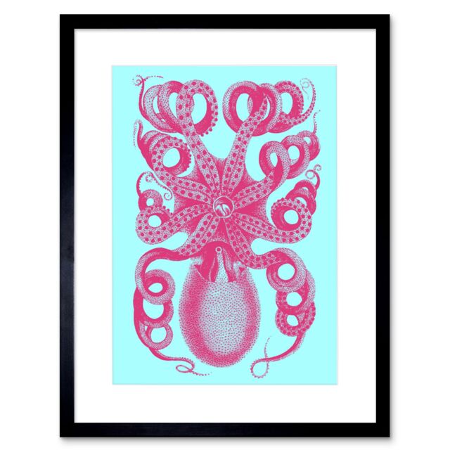 "Artery8 Wall Art Print Pink Octopus Blue Art Framed 9x7 inch in Black - Size: W7"" x H9""" - image 1