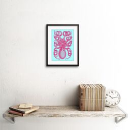 "Artery8 Wall Art Print Pink Octopus Blue Art Framed 9x7 inch in Black - Size: W7"" x H9""" - thumbnail 2