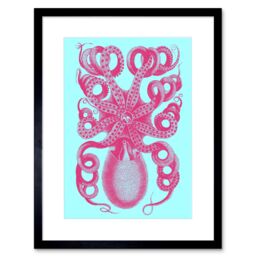 "Artery8 Wall Art Print Pink Octopus Blue Art Framed 9x7 inch in Black - Size: W7"" x H9""" - thumbnail 1