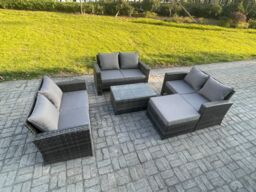 Fimous Dark Grey 7 Seater Outdoor Rattan Garden Furniture Set Patio Love Sofa Rectangular Coffee Table Set with Big Footstool - thumbnail 2