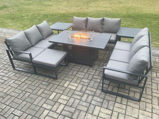 Fimous Aluminium 10 Seater Garden Furniture Outdoor Set Patio Lounge Sofa Gas Fire Pit Dining Table Set with Big Footstool 2 Side Tables in Dark Grey - image 1