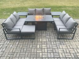 Fimous Aluminium 10 Seater Garden Furniture Outdoor Set Patio Lounge Sofa Gas Fire Pit Dining Table Set with Big Footstool 2 Side Tables in Dark Grey - thumbnail 2