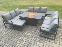 Fimous Aluminium 10 Seater Garden Furniture Outdoor Set Patio Lounge Sofa Gas Fire Pit Dining Table Set with Big Footstool 2 Side Tables in Dark Grey - thumbnail 1