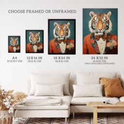 "Wee Blue Coo Wall Art Print Tiger in a Tuxedo Fun Animal Portrait Living Room in Blue - Size: W24"" x H32""" - thumbnail 3
