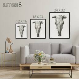 "Artery8 Skull of a Cow Pencil Drawing Bernard Vintage Framed Canvas Wall Art in White - Size: W12"" x H16""" - thumbnail 4
