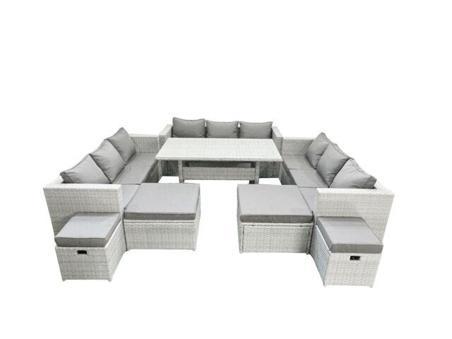 Fimous Rattan Garden Furniture Dining Set 13 Seater Lounge Sofa Dining Table Set with 4 Footstools Light Grey Mixed - image 1