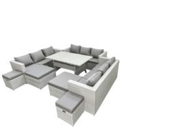 Fimous Rattan Garden Furniture Dining Set 13 Seater Lounge Sofa Dining Table Set with 4 Footstools Light Grey Mixed - thumbnail 2