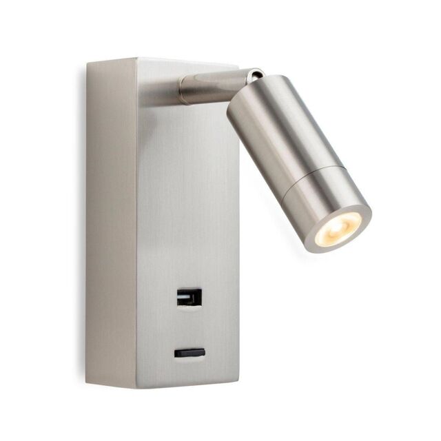 Netlighting Clifton LED Wall Reading Light & USB Port Brushed Steel in Grey