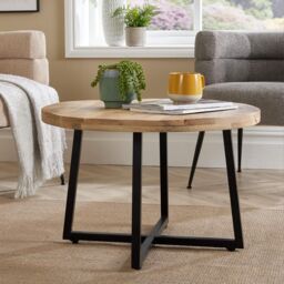 Home Source Coffee Table Criss Cross Iron Base Mango Wood Top Home Living Storage in Light Oak - thumbnail 3