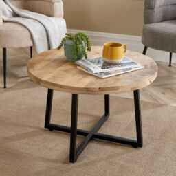 Home Source Coffee Table Criss Cross Iron Base Mango Wood Top Home Living Storage in Light Oak - thumbnail 2