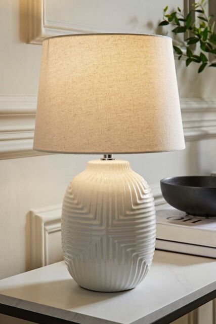 ValueLights Harrison Tapered Shade White Geometic Ribbed Pattern Gloss Table Lamp - Size: Small - image 1