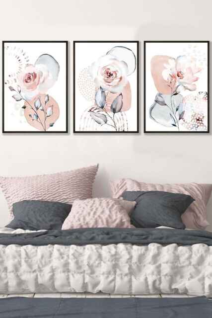 ARTZE Set of 3 Black Framed Abstract Blush Pink Botanical Wall Art in Light Pink - Size: W33 cm x H45 cm x D20mm - image 1