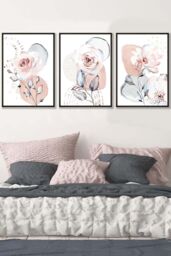 ARTZE Set of 3 Black Framed Abstract Blush Pink Botanical Wall Art in Light Pink - Size: W33 cm x H45 cm x D20mm
