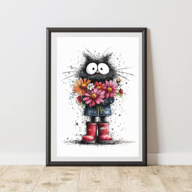 60 SECOND MAKEOVER Black Cat Bunch Of Flowers Print Poster Wall Art - Size: A4 - image 1