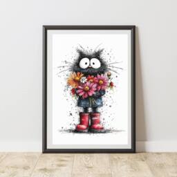60 SECOND MAKEOVER Black Cat Bunch Of Flowers Print Poster Wall Art - Size: A4 - thumbnail 1