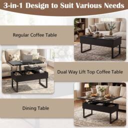 Costway Lift Top Coffee Table 3-in-1 Convertible Coffee Table Cocktail Table in Black - thumbnail 9