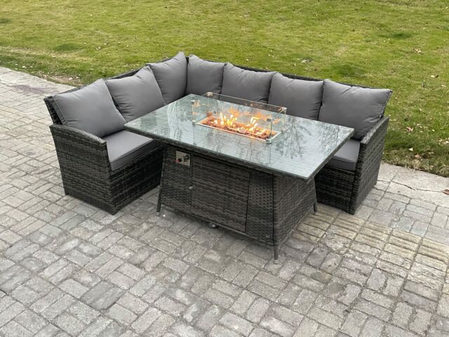 Fimous Rattan Garden Furniture High Back Corner Sofa Gas Fire Pit Dining Table Sets Gas Heater 6 Seater Dark Grey Mixed - image 1
