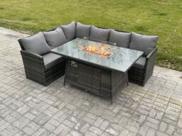 Fimous Rattan Garden Furniture High Back Corner Sofa Gas Fire Pit Dining Table Sets Gas Heater 6 Seater Dark Grey Mixed - thumbnail 1