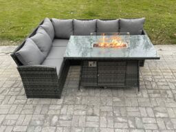 Fimous Rattan Garden Furniture High Back Corner Sofa Gas Fire Pit Dining Table Sets Gas Heater 6 Seater Dark Grey Mixed - thumbnail 2