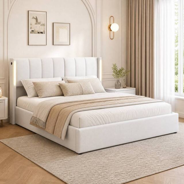 STILVORA Upholstered Bed 5ft King with USB White PU - image 1