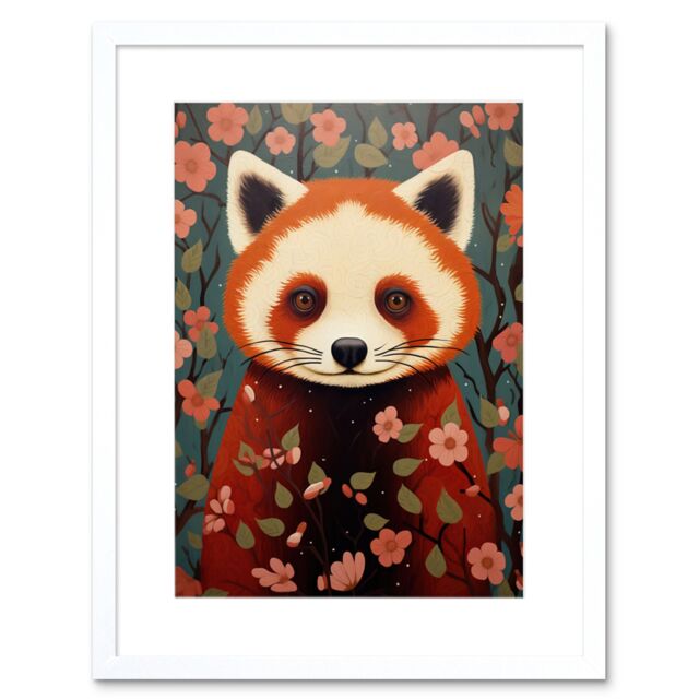 "Artery8 Wall Art Print Red Panda Cute Tree Blossom Kids Bedroom Artwork Framed 9X7 Inch in White - Size: W7"" x H9""" - image 1