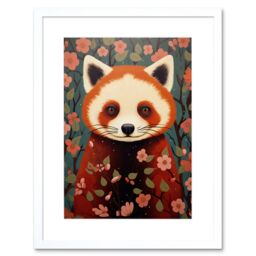"Artery8 Wall Art Print Red Panda Cute Tree Blossom Kids Bedroom Artwork Framed 9X7 Inch in White - Size: W7"" x H9""" - thumbnail 1