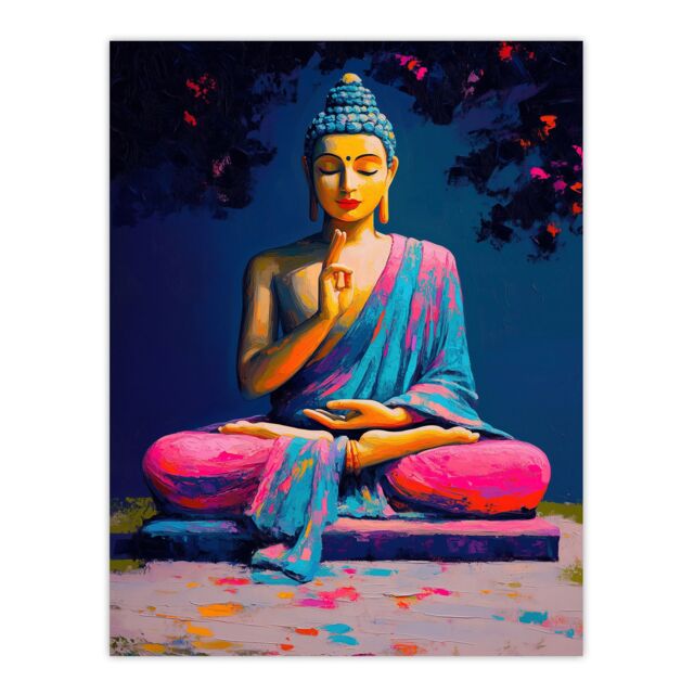 "Artery8 Buddha Statue Pink Blue Buddhism Mindfulness Wall Art Print - Size: W18"" x H24""" - image 1