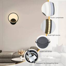 EONLION 12W Modern LED Wall Lamp Indoor Warm White Round Wall Light Hallway in Black - thumbnail 3