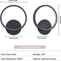EONLION 12W Modern LED Wall Lamp Indoor Warm White Round Wall Light Hallway in Black - thumbnail 2