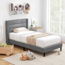 Costway Single Bed Frame Linen Upholstered Platform Bed w/Headboard in Grey