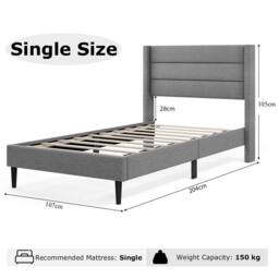Costway Single Bed Frame Linen Upholstered Platform Bed w/Headboard in Grey - thumbnail 7