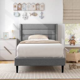 Costway Single Bed Frame Linen Upholstered Platform Bed w/Headboard in Grey - thumbnail 3