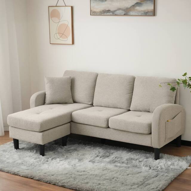 BTM L-Shaped 3-Seater Corner Sofa with Chaise, Cotton-Linen Fabric in Grey - Size: A - image 1