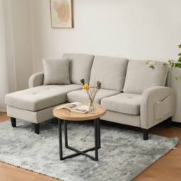 BTM L-Shaped 3-Seater Corner Sofa with Chaise, Cotton-Linen Fabric in Grey - Size: A - thumbnail 4