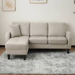BTM L-Shaped 3-Seater Corner Sofa with Chaise, Cotton-Linen Fabric in Grey - Size: A - thumbnail 3