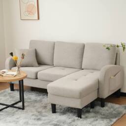 BTM L-Shaped 3-Seater Corner Sofa with Chaise, Cotton-Linen Fabric in Grey - Size: A - thumbnail 2