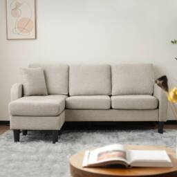 BTM L-Shaped 3-Seater Corner Sofa with Chaise, Cotton-Linen Fabric in Grey - Size: A - thumbnail 5