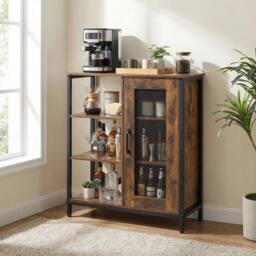FORGEVIO Coffee Bar Cabinet with Adjustable Shelves Carbon Steel Frame in Brown