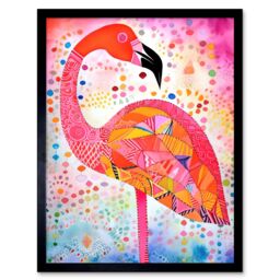 "Artery8 Wall Art Print Flamingo Folk Art Watercolour Painting Art Framed in Black - Size: W12"" x H16""" - thumbnail 1